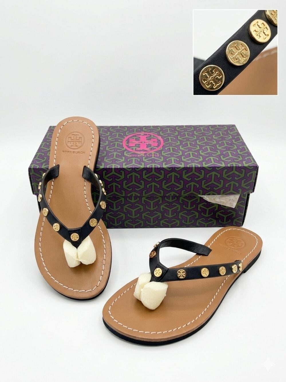 NIB Tory Burch Ricki Black Leather Studded Logo Thong Flip Flop Sandal 8M 8